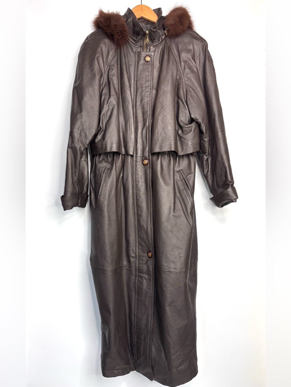 Vintage COMINT Long Brown Leather Trench Coat with Layered Yoke & Coyote Hood